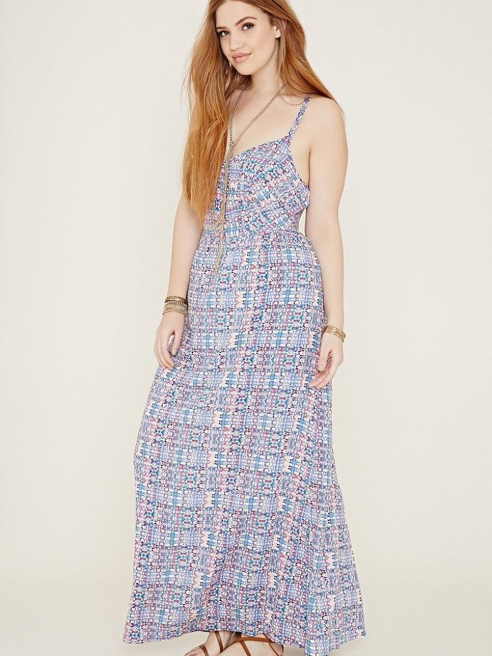Forever 21+ Plus Size Blue Pink strappy crisscross back Abstract Maxi Dress 1X